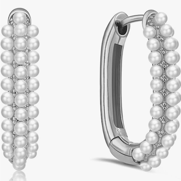 Silver w/ Pearl Rectangle Hoops Rectangular Pretty Hoop Earrings Pave Pearls New - Picture 4 of 9